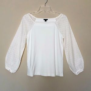ANN TAYLOR | Eyelet Lace Sleeve Wide Neck Blouse Solid White Top Shirt